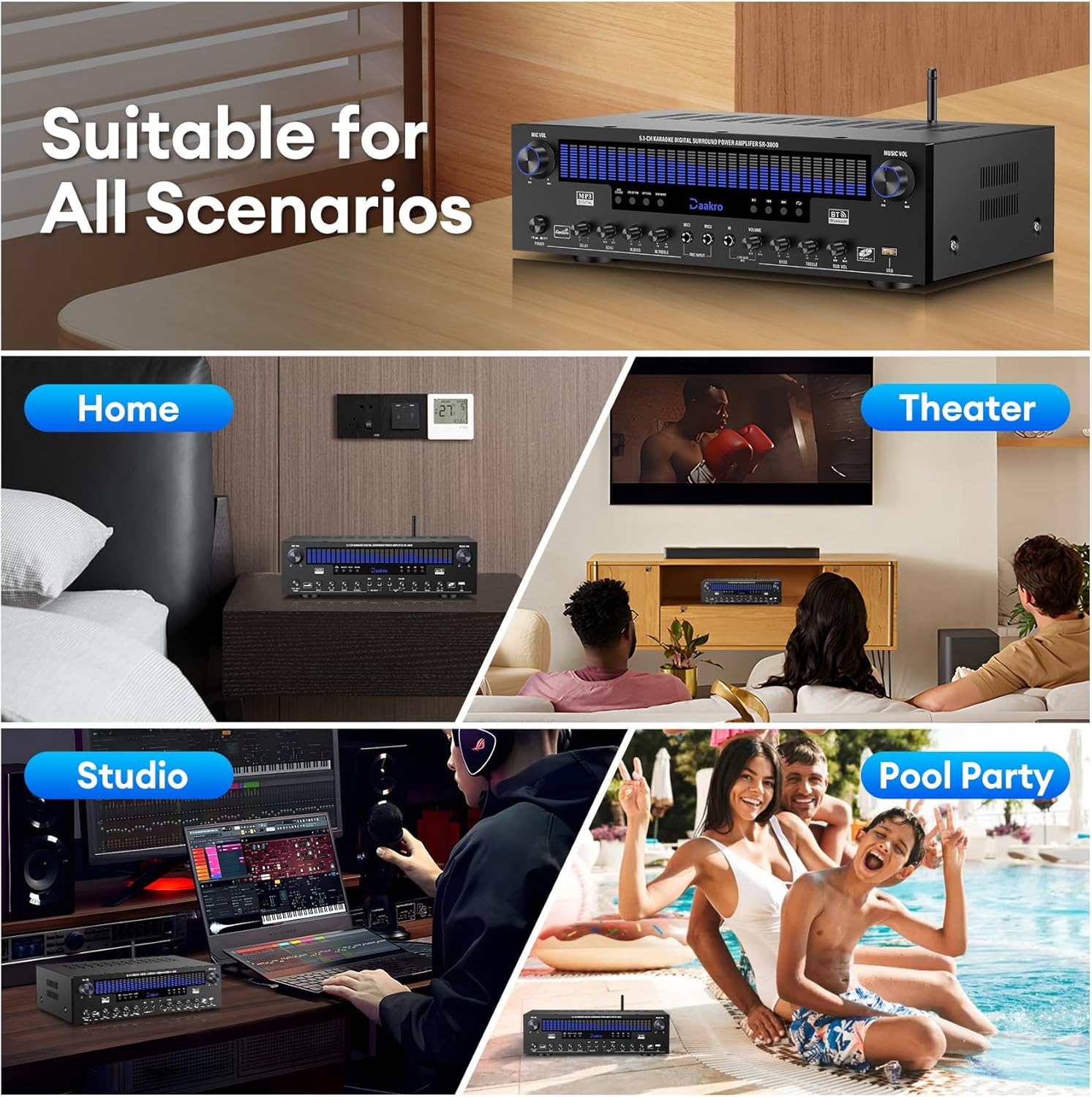 Stereo Receivers Home Audio Amplifier w/DSP Display,300W Rated Power 5.1 Channel Bluetooth Receiver,Home Amp w/BT/CD/DVD/AUX/USB/BT/FM/Opt/COA/MIC for Home/Studio/Theater Passive Speakers - Image 8