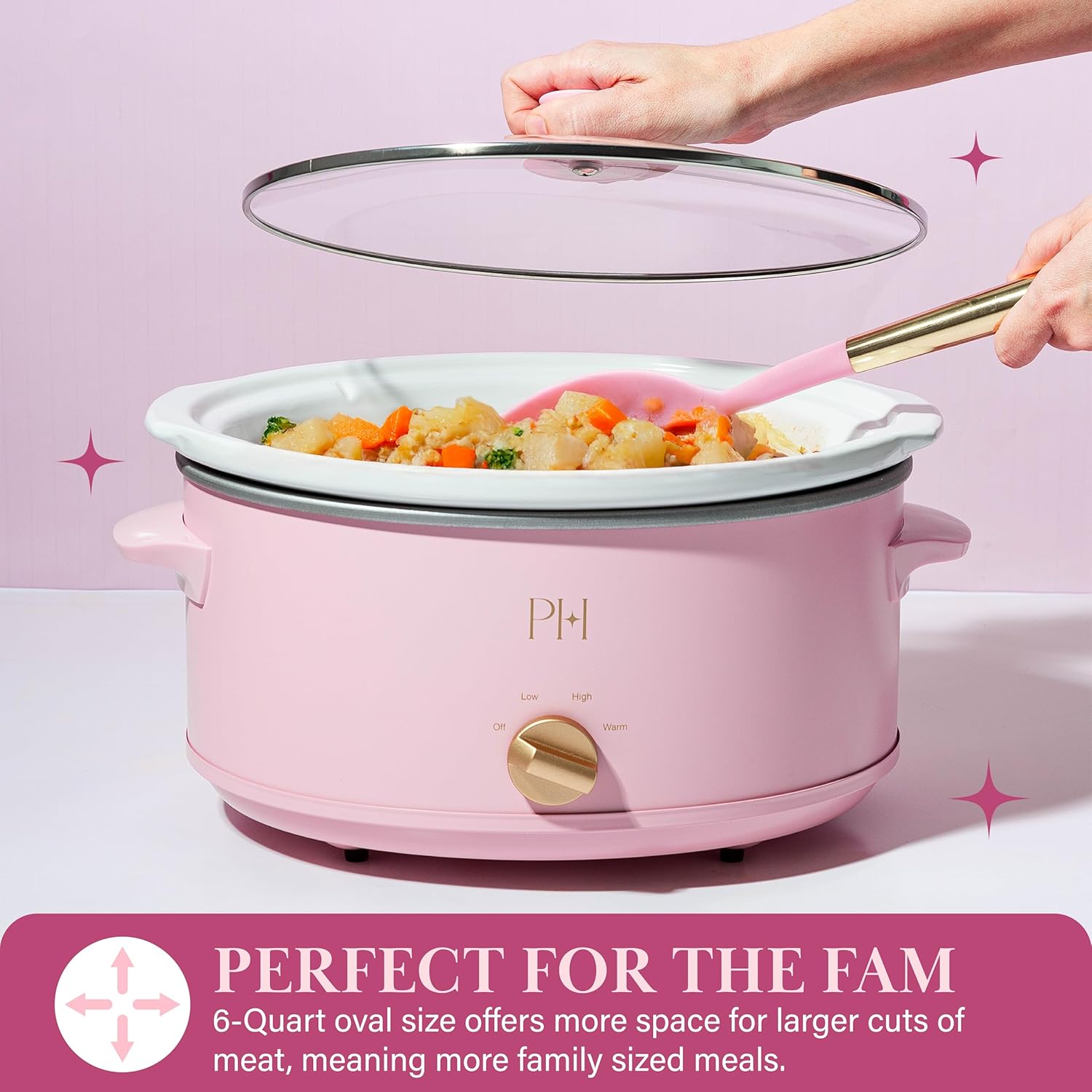 Paris Hilton 6-Quart Manual Slow Cooker, Features Three Settings (Low, High, Warm), Naturally Nonstick and Dishwasher Safe Stoneware Insert, Family Sized Capacity, Pink - Image 2