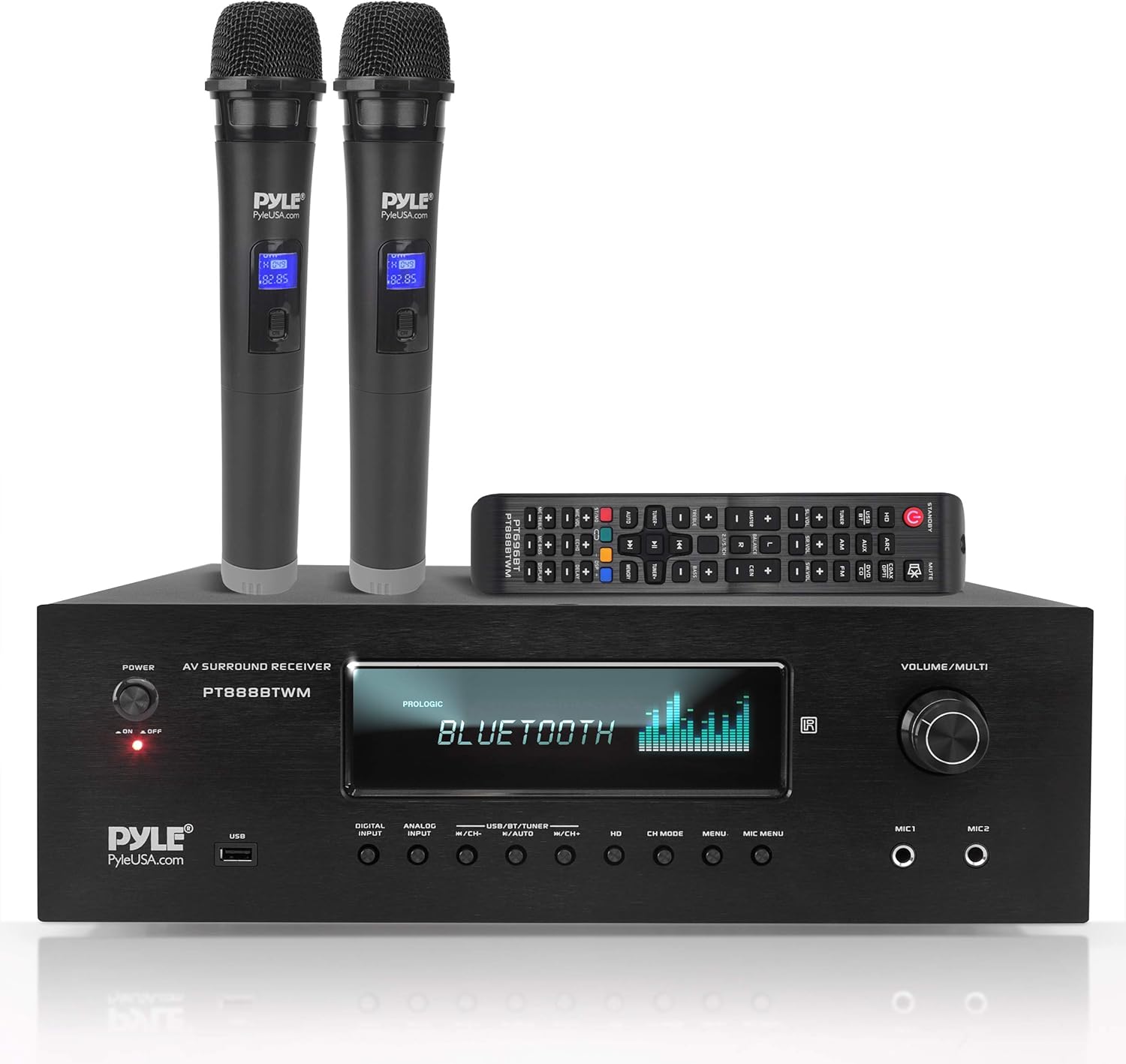 Pyle 1000W Bluetooth Home Theater Karaoke Receiver – 5.2-Ch Stereo Amplifier 2 UHF Wireless Microphone Video Pass-Through Supports, MP3/USB/HDMI/AM/FM Radio – Pyle PT888BTWM.5