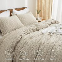 PHF Ultra Soft Waffle Weave Comforter Set Queen Size, 3 Pieces Lightweight Breathable Comfy Bedding Set for All Season, Comfy Textured 1 Comforter with 2 Pillow Shams, Linen - Image 3
