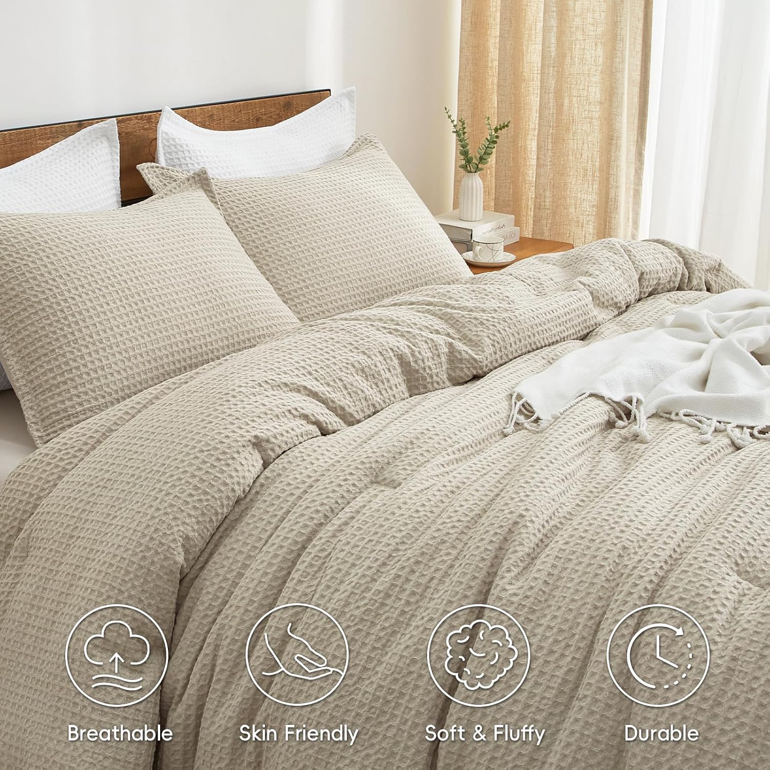 PHF Ultra Soft Waffle Weave Comforter Set Queen Size, 3 Pieces Lightweight Breathable Comfy Bedding Set for All Season, Comfy Textured 1 Comforter with 2 Pillow Shams, Linen - Image 3