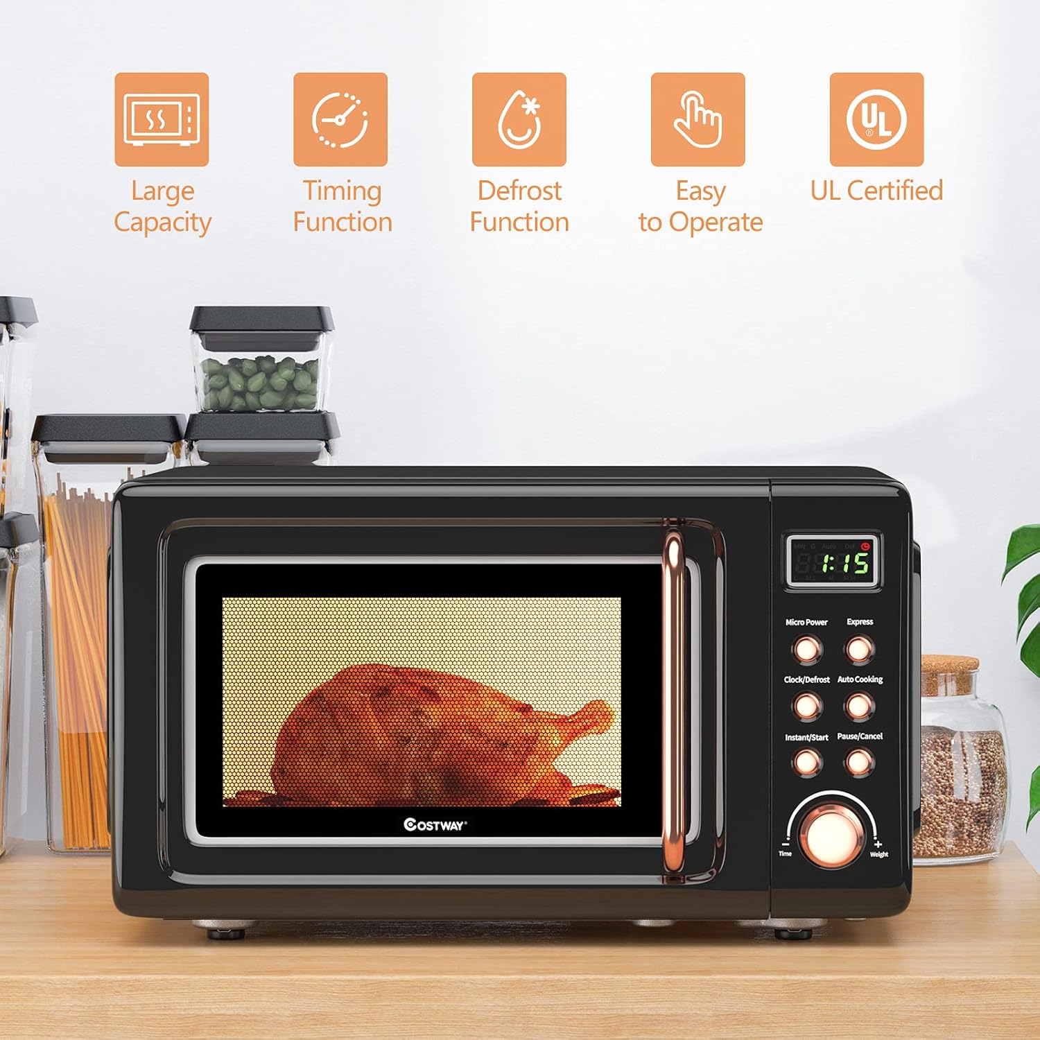 COSTWAY Retro Countertop Microwave Oven, 0.7Cu.ft, 700-Watt, High Energy Efficiency, 5 Micro Power, Delayed Start Function, with Glass Turntable & Viewing Window, LED Display, Child Lock (Gold) - Image 2