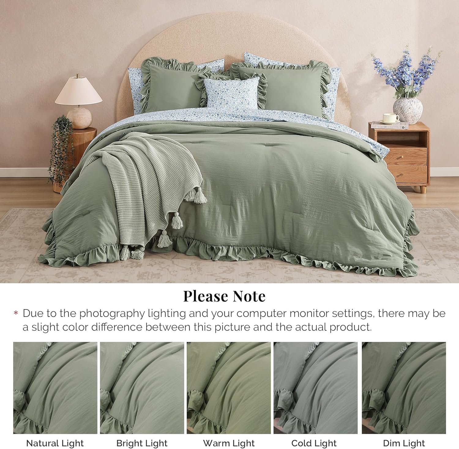 Queen Comforter Set - 7 Pieces Ruffle Sage Green Bedding Sets, Shabby Chic Farmhouse Bed in a Bag Queen with Ruffle Comforter, Floral Sheets, Pillowcases & Shams - Image 7