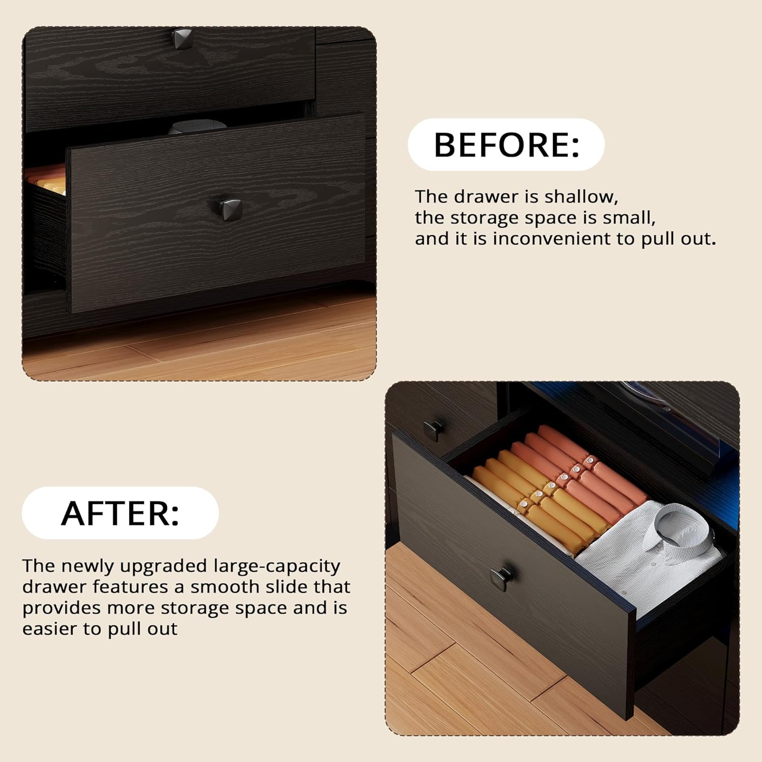 LIKIMIO Dresser with 10 Drawers, Bedroom Wooden Chest of Drawers with LED Lights and Power Outlets, Fabric Side Pocket, TV Stand for Living Room, Black - Image 4