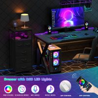 Furnulem Dresser for Bedroom, Tall Nightstand, Vertical Chest with Wood Top, Charging Station, LED Lights, 5 Fabric Bins, Bedside Table with Shelf, Furniture for Entryway (5 Drawer, Black Oak) - Image 8