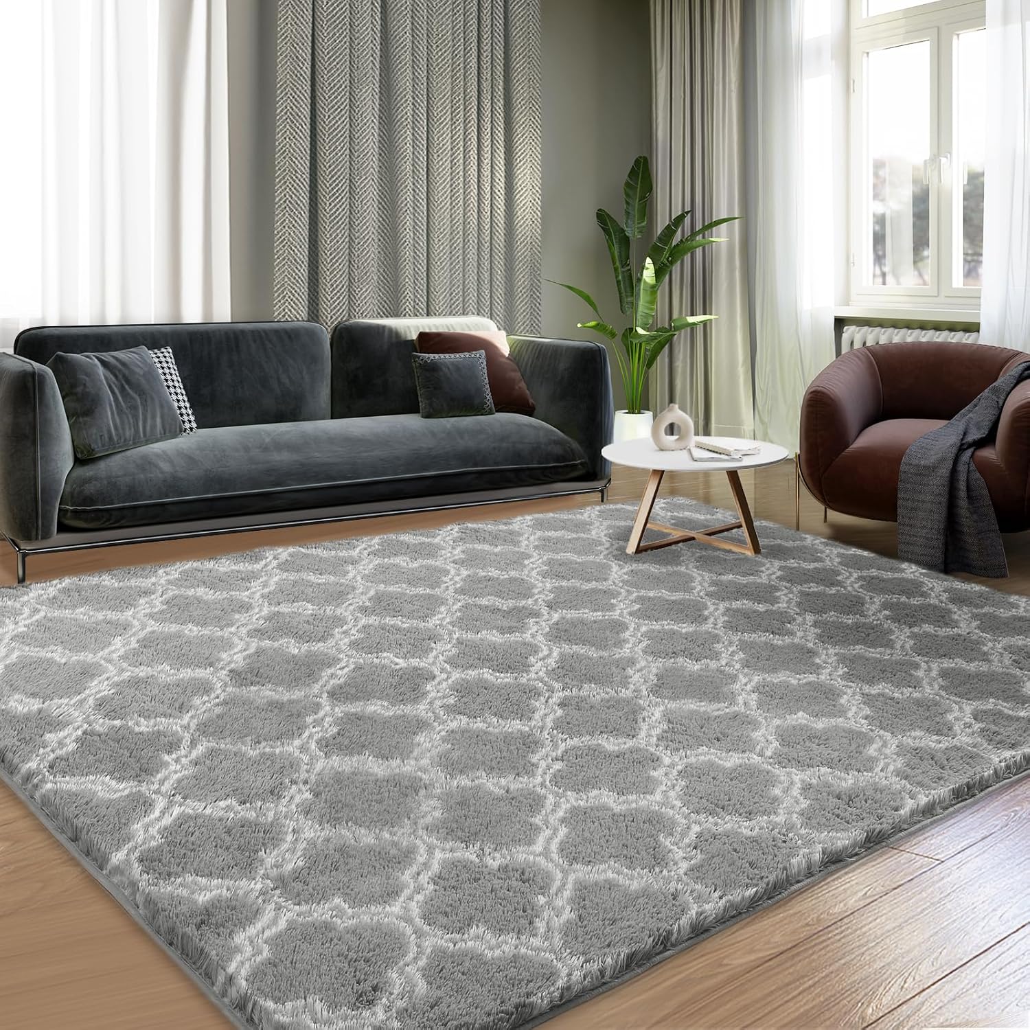 Shag Area Rug 5x7 Feet Extra Soft Rugs for Living Room, High Pile Indoor Carpet for Bedroom, Kids Room, Nursery, Home Decor, Geometric, Light Grey/White