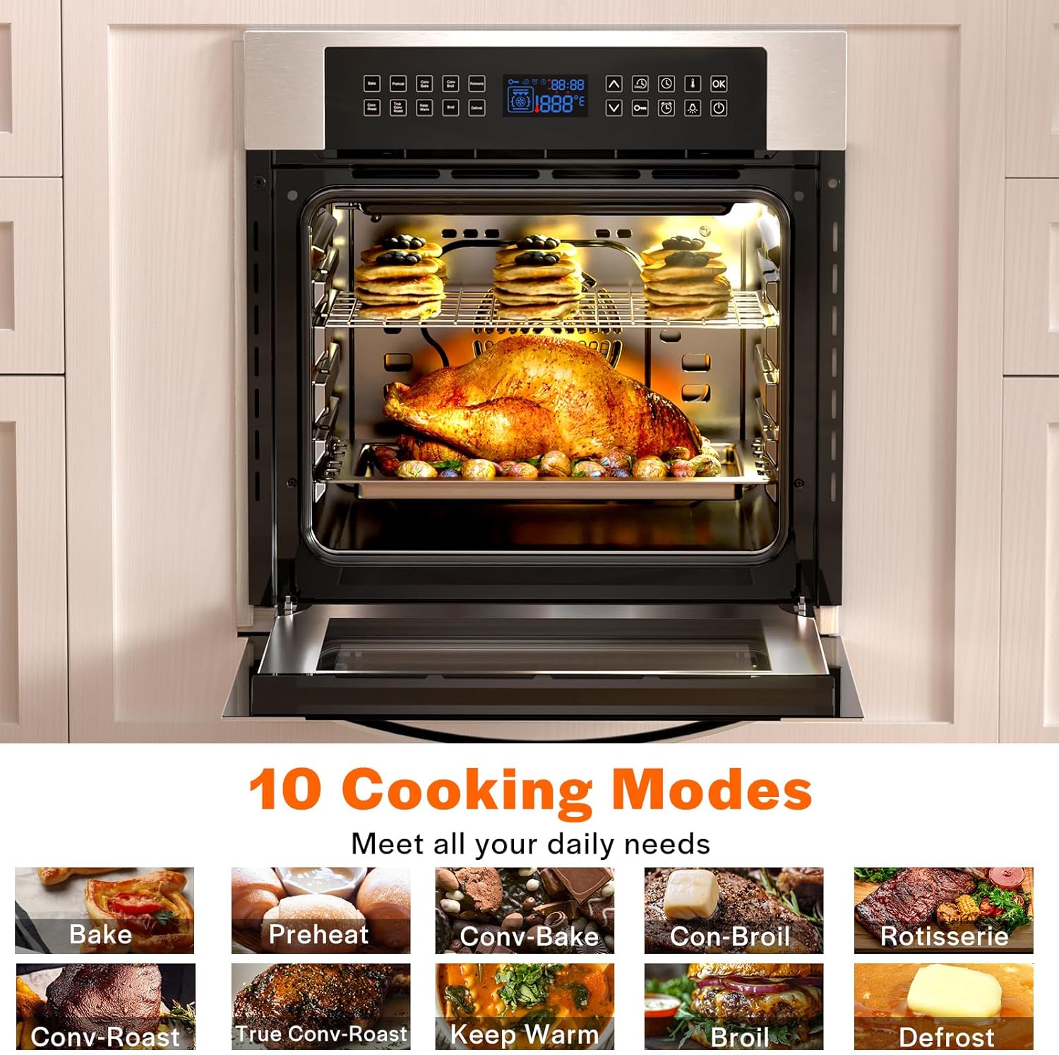 Empava 24" 10 Cooking Functions W/ Rotisserie Electric LED Digital Display Touch Control Built-in Convection Single Wall Oven EMPV-24WOC02 - Image 3