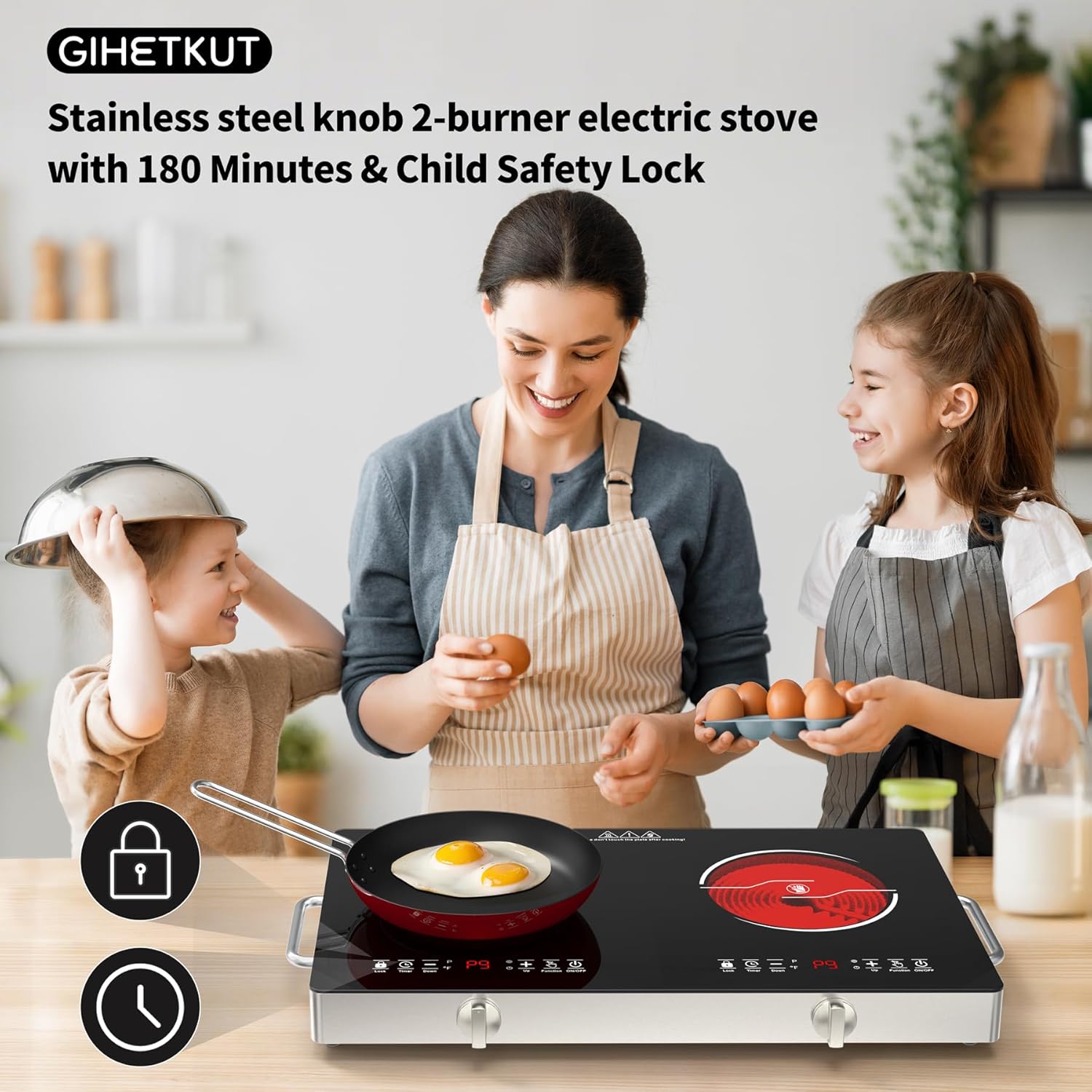 Electric Cooktop,110V 2400W Stove top, Countertop Cooktop with 9 Power Levels, LED Display,Child Safety Lock, Timer,Knob and Touch Control 2 burner Electric cooktop - Image 6