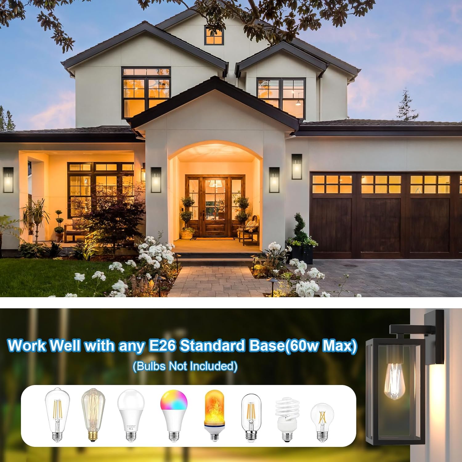 Kalium Porch Lights Outdoor Wall Light Fixture 2pcs, Matte Black, Wall Sconce 12.4 in, Toughened Frame, Clear Glass Shade, Waterproof Lanterns, Suitable for Patio, Exterior, Front, Door, Entryway - Image 8