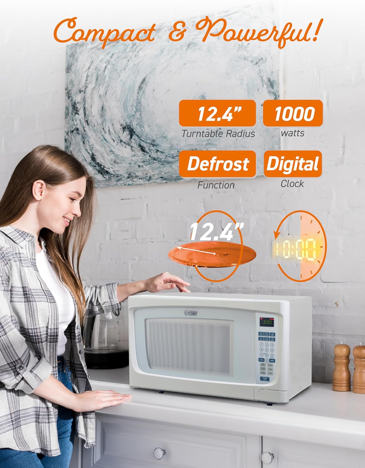 COMMERCIAL CHEF 1.6 Cubic Foot Microwave with 10 Power Levels, Small Microwave with Push Button, 1000 Watt Microwave with Digital Control Panels, Countertop Microwave with Timer, White - Image 4