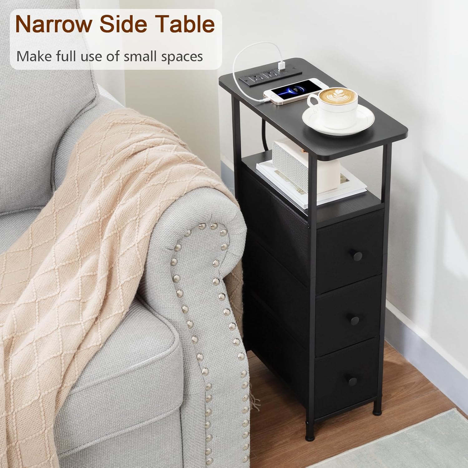 Narrow End Tables Living Room Set of 2 with Charging Station, Skinny Side Table with Fabric Drawers, Slim Nightstand for Bedroom, Small Spaces, Couch, Black, HETNDP03BK - Image 4