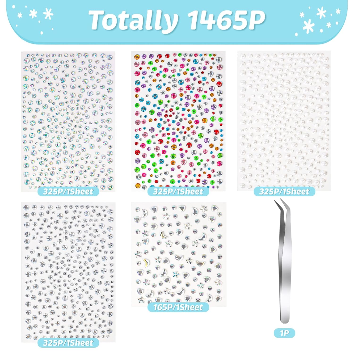 vivinin 1465P Face Gems, Self-Adhesive Hair Gems, 5 Different Types of Face Rhinestones, Face Gems Stick On for Face, Eyes, Body, Hair, Makeup, Festival Decorations, DIY Crafts - Image 2