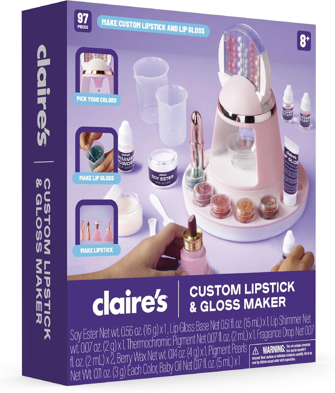 Claire's DIY Lipstick & Lip Gloss Making Kit – 97-Piece Makeup Craft Kit| Kids Arts & Crafts Activity Set| Handmade Moisterizing Lip Glaze| Beauty & Cosmetic Products| Girls Science Toy Gift| Ages 8+ - Image 2