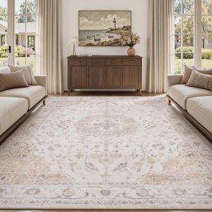 PADOOR-Vintage Area Rug 5X7 Rugs for Living Room-Soft Beige Rugs for Bedroom-Machine Washable Rugs Non Slip Carpet-Rug for Dining Room Living Room Bedside Office