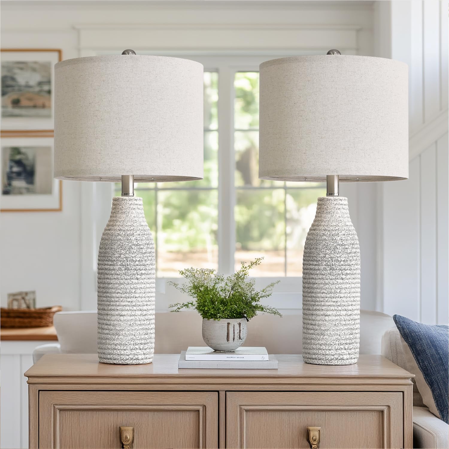 25″ Ceramic Table Lamps for Living Room, Modern Design Bedside Lamps Set of 2, Nightstand Lamps for Bedroom with Rotary Switch, Gray and White