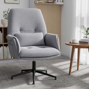 Fabric Home Office Chair, High Back Desk Chairs No Wheels, Cross-Legged Criss Cross Chair with Armrests, Wide Seat Computer Task Chair, Comfy Swivel Vanity Chair for Bedroom, Home, Grey