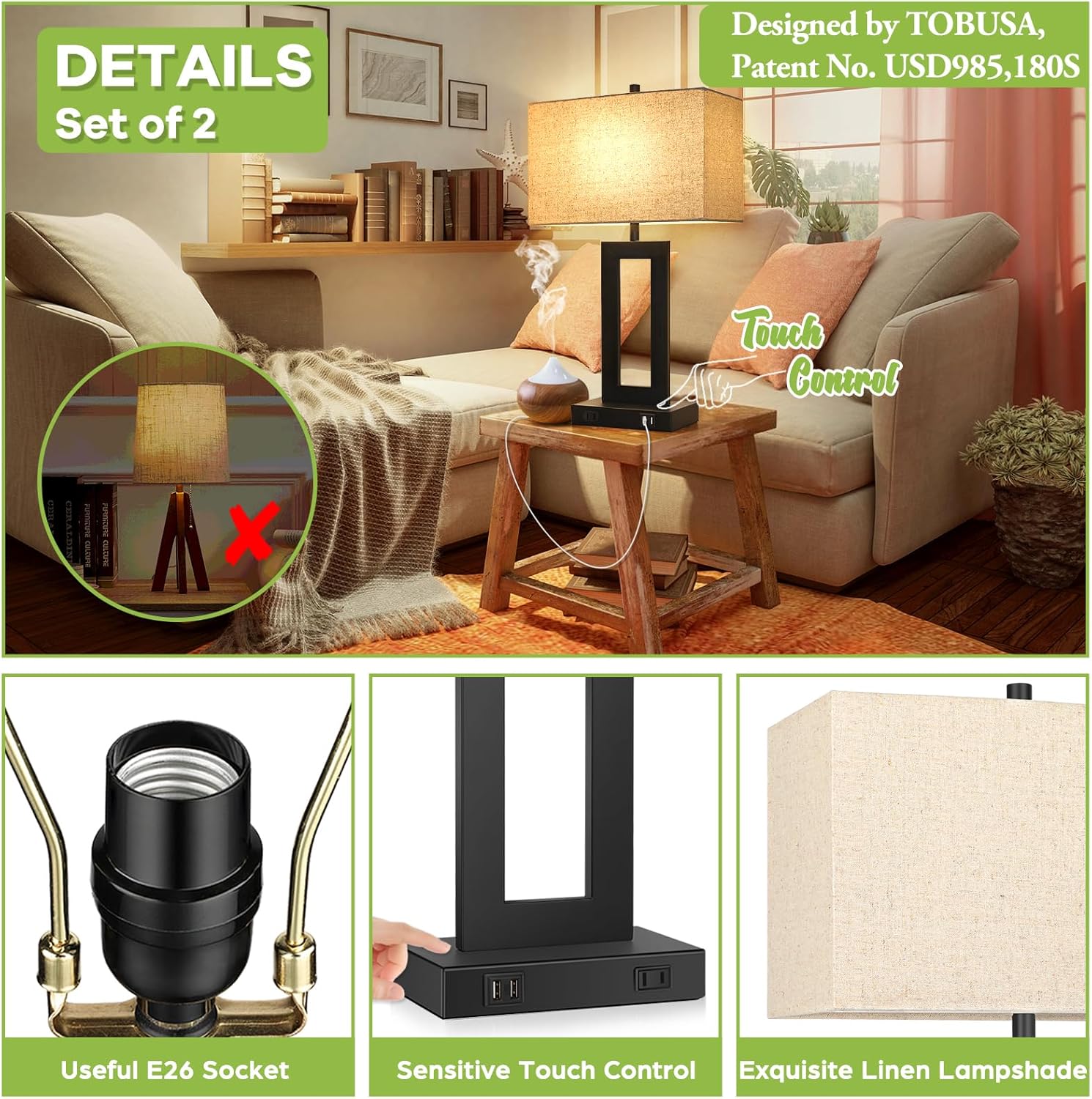Set of 2 Touch Control Table Lamp with 2 USB Ports, 3-Way Dimmable Modern Nightstand Lamp Sets Bedside Touch Desk Lamp with Fabric Cream Shade for Bedroom Table Living Room Reading, Included Bulbs - Image 5
