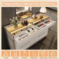 AMERLIFE 47.2" 8 Drawer Dresser with LED Light, Modern High Gloss Chest of Drawers with Glass Tabletop & 2 Six-Grid Jewelry Drawers, for Bedroom, Living Room, Dressing Room, Cream & Grey - Image 3