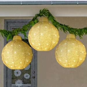 Best Choice Products 3pc Lighted Pop-Up Outdoor Hanging Christmas Ornament Set, Holiday Ball Decor, Battery LEDs, 8 Twinkling Light Functions - Gold