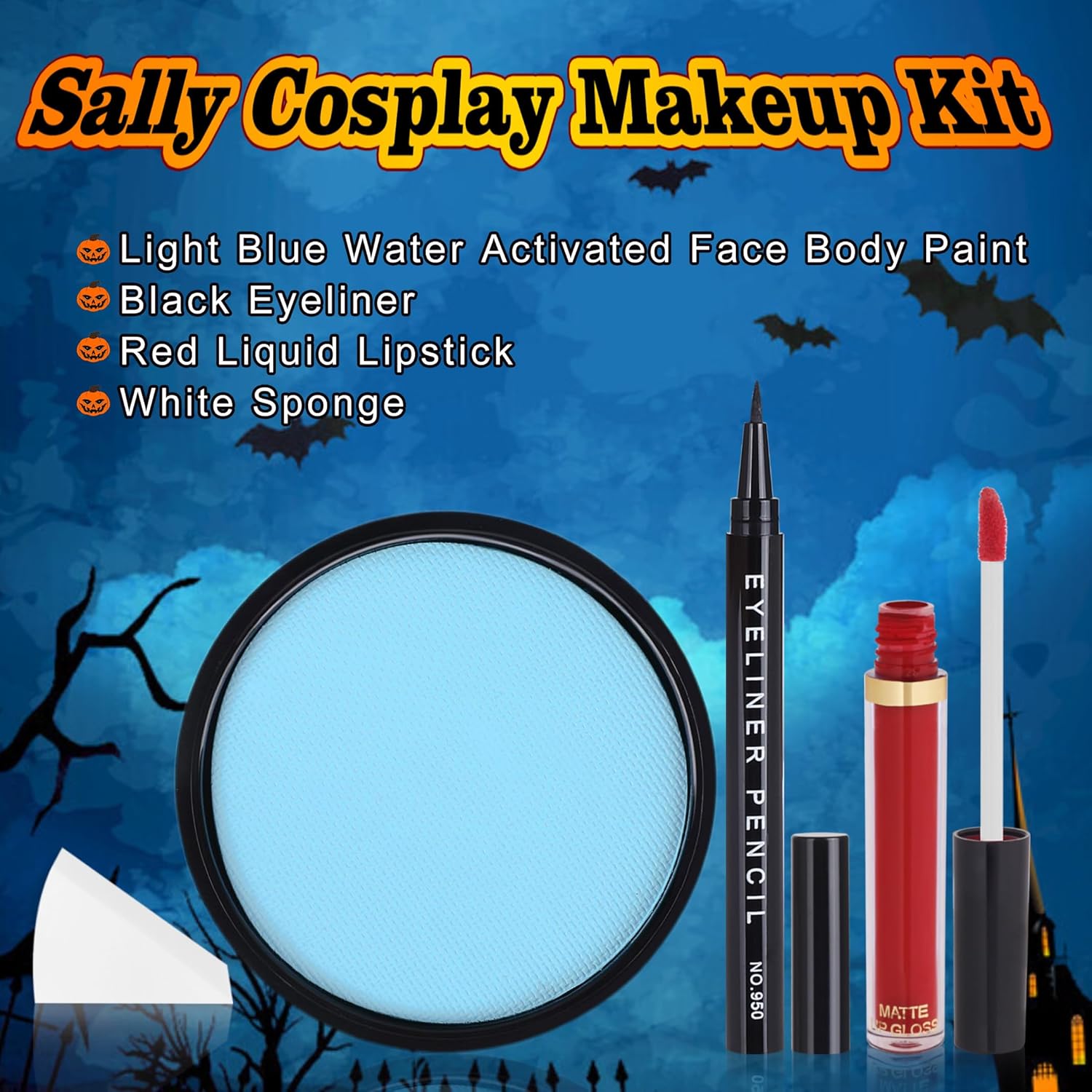 4 Pcs Sally Makeup Kit,Corpse Bride SFX Halloween Baby Blue ,Water Activated Face Paint Makeup Kit,Sally Face Costume Women Cosplay,Light Blue Body Paint+Eyeliner+Lipstick+Sponge - Image 2