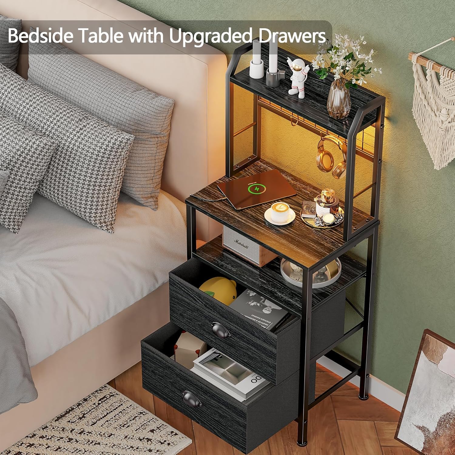 Furologee 40'' Tall Nightstand with Charging Station, Bedside Table with LED Lights, End Table with 2 Drawers and Storage Shelves, Night Stand with Pegboard for Bedroom, Black Oak - Image 6