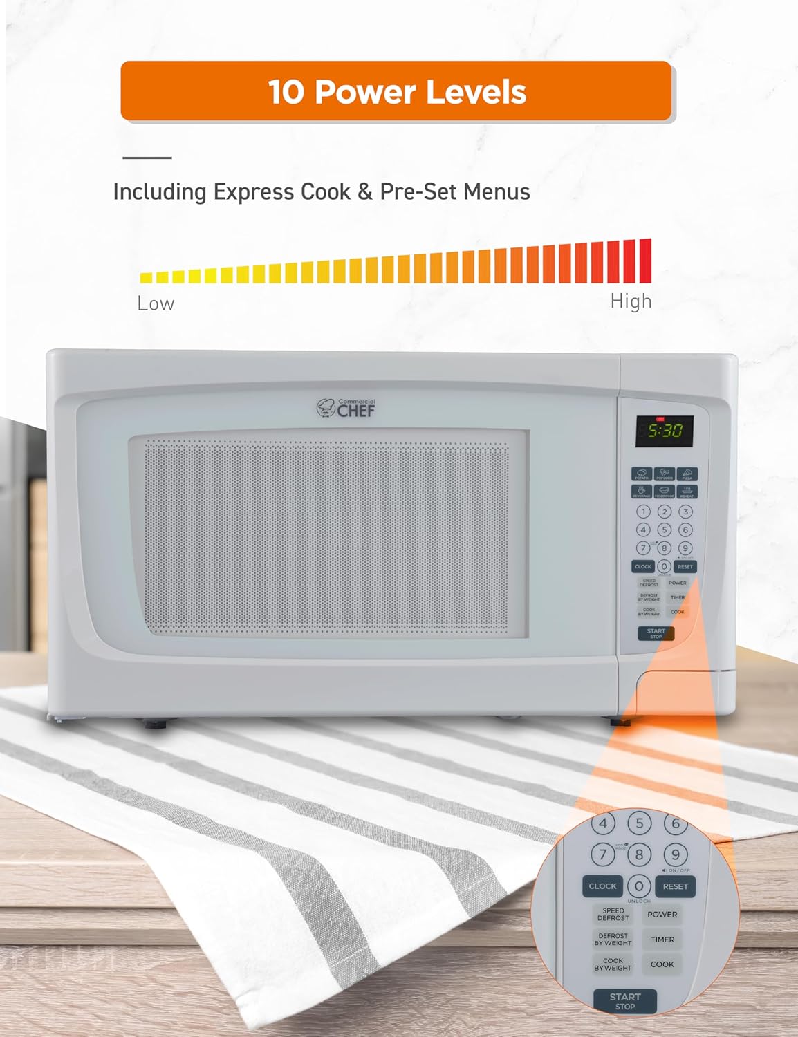 COMMERCIAL CHEF 1.6 Cubic Foot Microwave with 10 Power Levels, Small Microwave with Push Button, 1000 Watt Microwave with Digital Control Panels, Countertop Microwave with Timer, White - Image 3