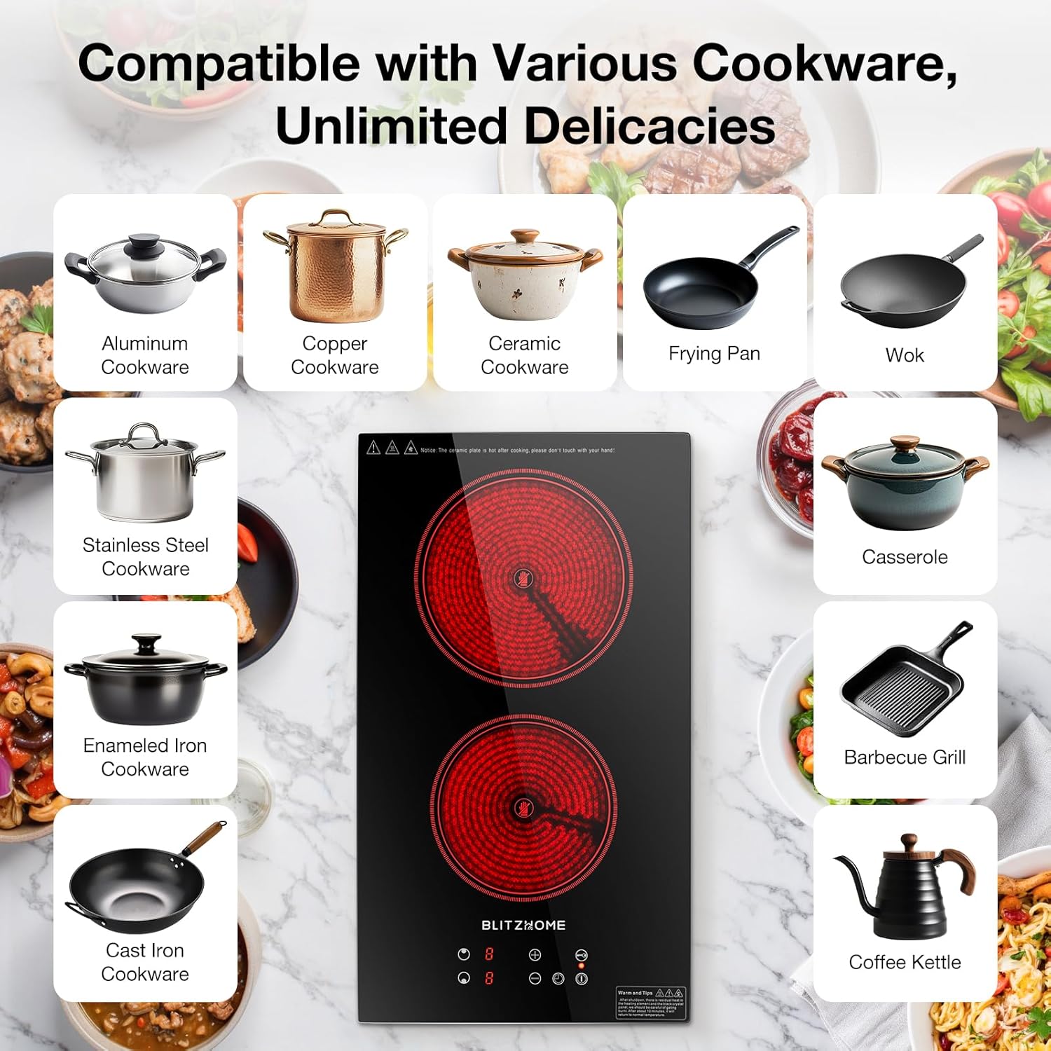 BLITZHOME Electric Stove Top 2 Burner, 12inch Electric Cooktop, Built-in Ceramic Cooktop with 9 Power Levels/Timer/Child Safety Lock/Touch Control/Overheat Protection, 220-240V, Hard Wire, No Plug - Image 6
