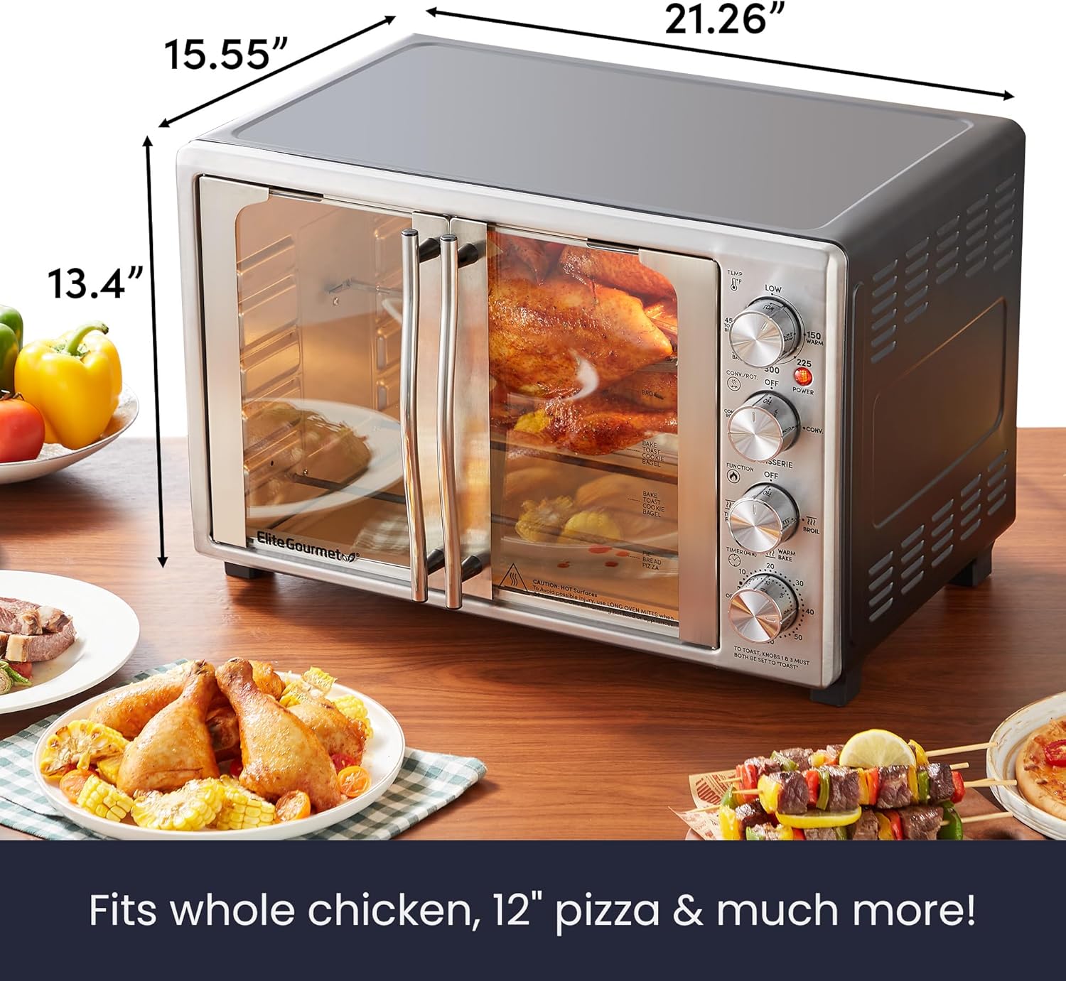 Elite Gourmet ETO4524 45L Countertop Convection Toaster Oven, French Doors, Adjustable Temperature & Timer, Bake, Roast, Broil, Toast, Includes Baking Pan, Rack, Rotisserie, Stainless Steel - Image 4