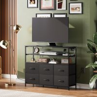 WLIVE Black TV Stand for 40, 45 inch TV, Entertainment Center with LED Lights & Charging Station, TV Media Console Table with 6 Fabric Drawers and Open Shelves for Living Room, Hallway, Wood Top - Image 6