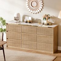 Fluted Dresser for Bedroom with 9 Drawers,62.99" Modern Chest of Drawers with Faux Marble Top, Curved Profile Design,Dresser TV Stand, Wood Drawer Organizer for Living Room, Hallway, Wood - Image 6
