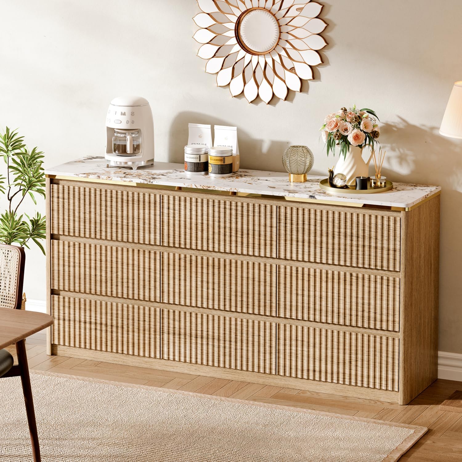 Fluted Dresser for Bedroom with 9 Drawers,62.99" Modern Chest of Drawers with Faux Marble Top, Curved Profile Design,Dresser TV Stand, Wood Drawer Organizer for Living Room, Hallway, Wood - Image 6