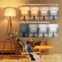 OUTON Wood Tripod Floor Lamp with Shelves, Mid Century LED Modern Dimmable Floor Lamp with Remote Control, Sturdy Tall Standing Lamp with Beige Linen Texture Shade for Living Room, Bedroom, Office - Image 2