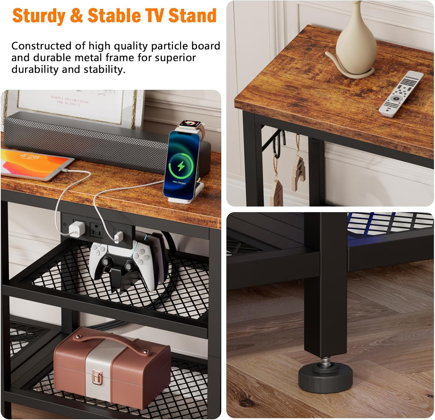 Furologee TV Stand with Power Outlets, Entertainment Center with Open Storage Shelves for TVs up to 55 Inch, Media Console Table with Soundbar Shelf for Living Room, Bedroom, Rustic Brown - Image 6