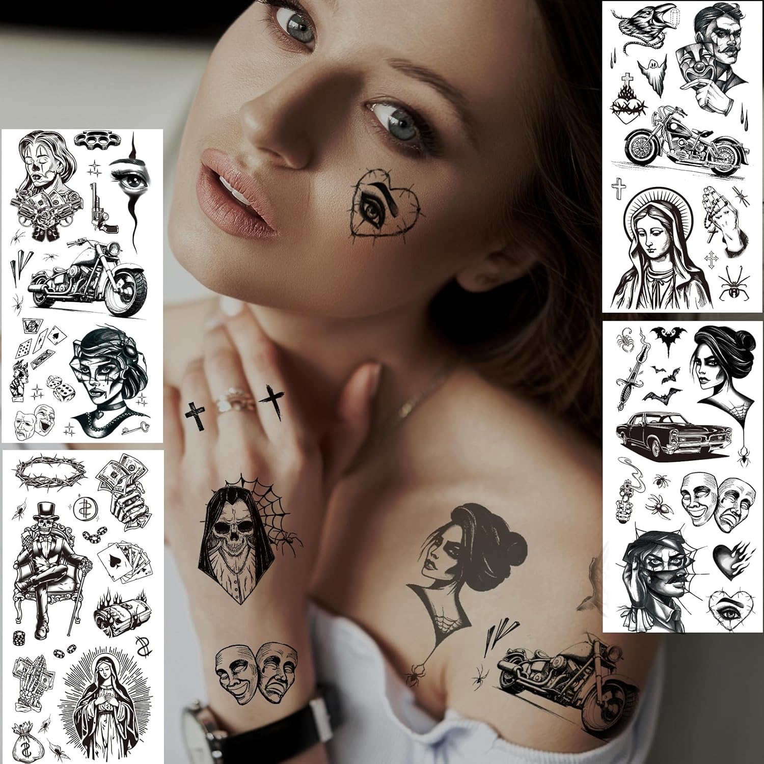 12 Sheets Large Chicano Temporary Tattoos, Cholo and Chola Temporary Tattoos, Chicana Guadalupe Gangster Fake Tattoos Day of the Dead, Día de Muertos, Tatuajes Temporales, Halloween Mexico Tattoos - Image 3