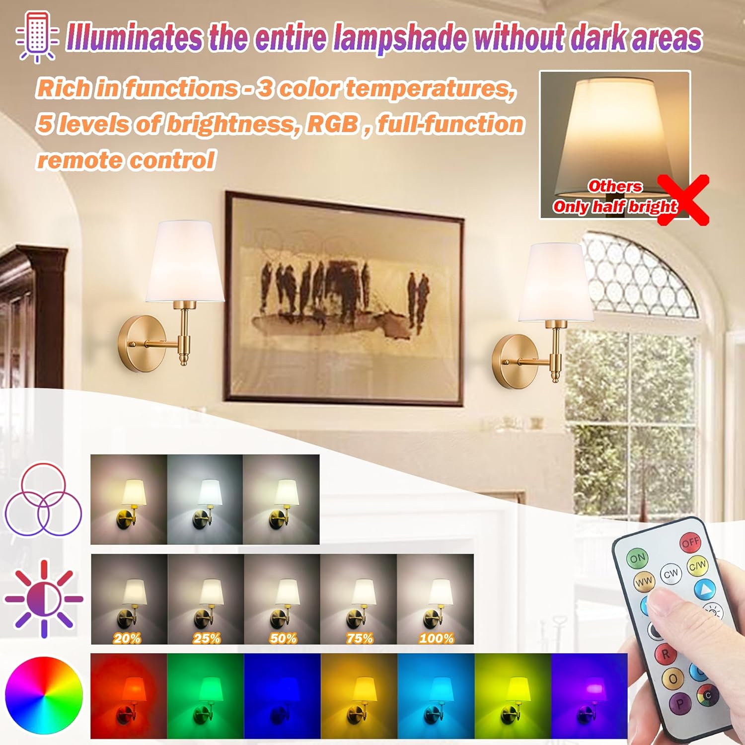 Battery Operated Wall Sconces Set of Two, Wireless Battery Wall Light with 10000mAh RGB Dimmable Magnetic Bulb, Rechargeable Wall Sconce with Remote for Bedroom, No Electrician Required - Image 5