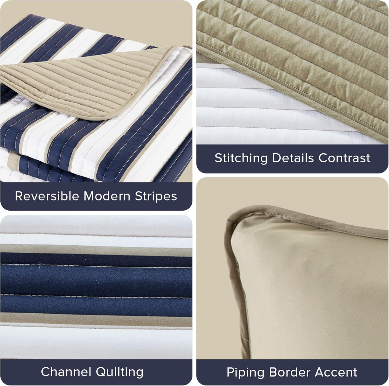 Comfort Spaces Quilt Set Trendy Casual Fun, Vibrant Color Design, Hypoallergenic All Season, Lightweight Coverlet Bedspread Cozy Kids Bedding & Sham Full/Queen Verone White Blue Stripe 3 Piece - Image 4