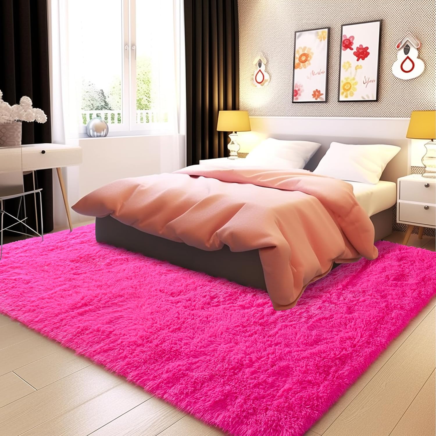 Fluffy Rug Washable 4x6 Feet, Hot Pink Fuzzy Rugs for Bedroom Girls, Flame Retardant Plush Shaggy Rug Home Decor - Image 8