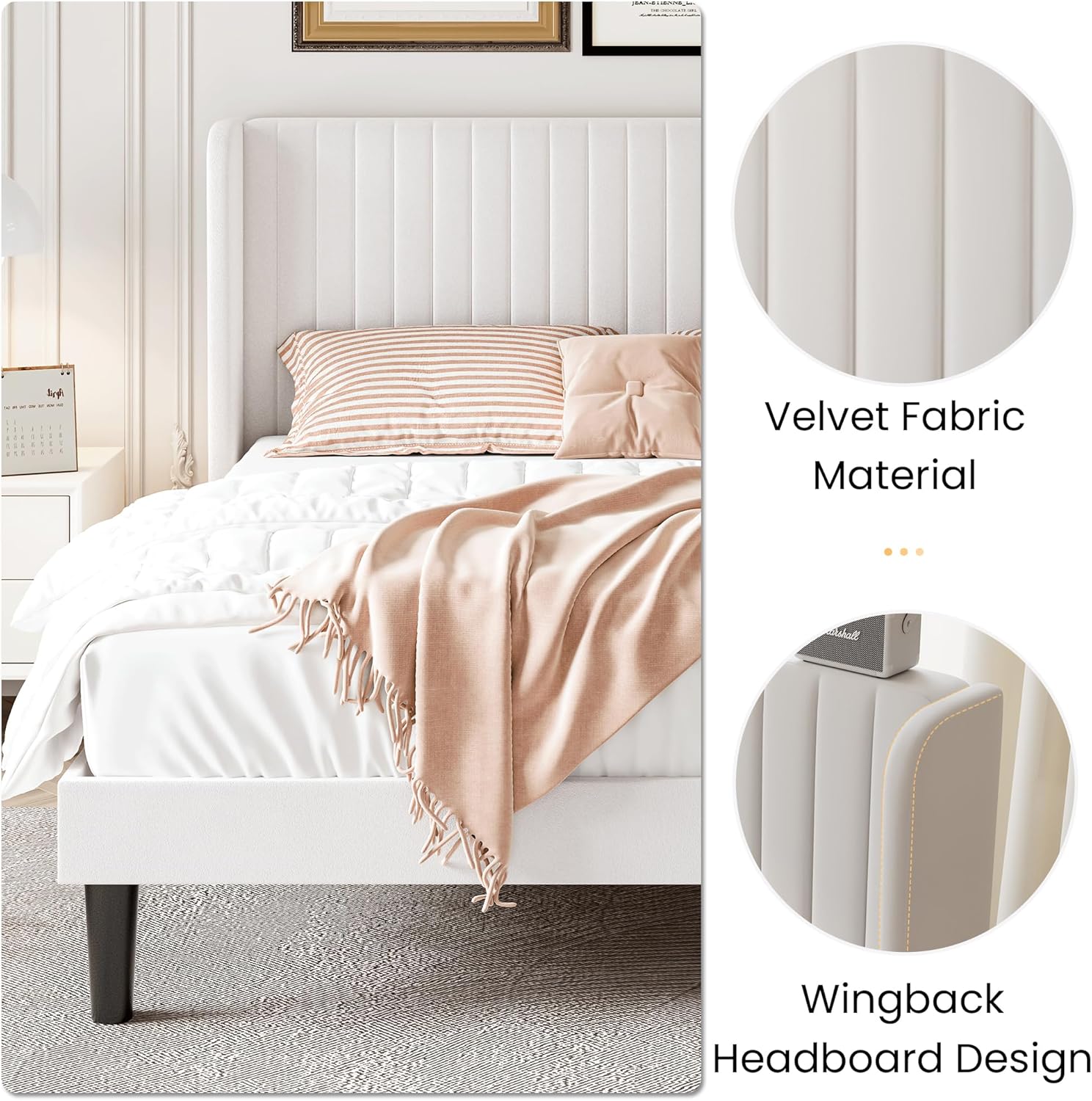 SHA CERLIN Queen Size Velvet Bed Frame with Vertical Channel Tufted Wingback Headboard, Upholstered Platform Bed with Wood Slats, No Box Spring Needed, Easy Assembly, White - Image 5