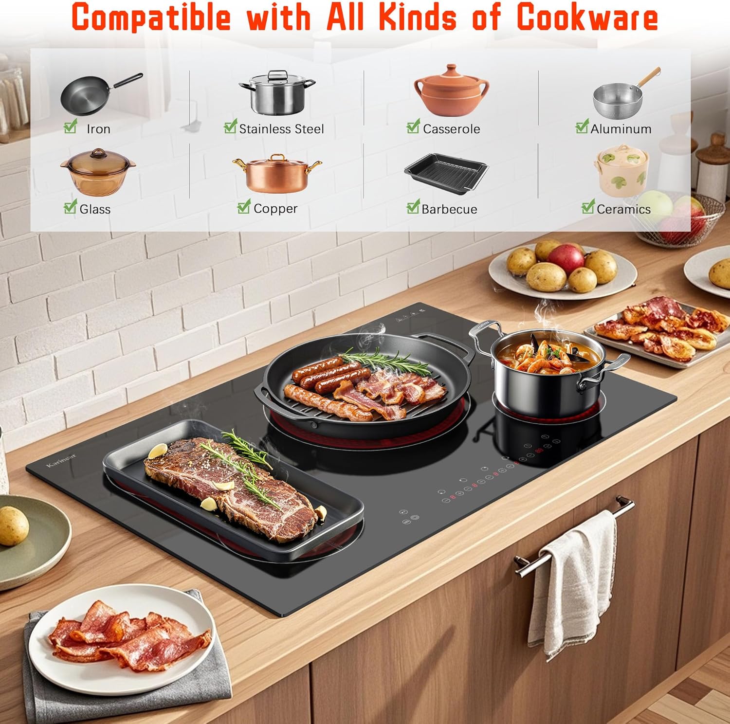 Karinear Electric Cooktop 30 Inch, 4 Burners Electric Stove Top, Flexible Bridge &Triple Ring Expandable Burners, Pause, Timer, Child Safety Lock, 7800W Built-in Ceramic Cooktop for 220-240V Hard Wire - Image 5