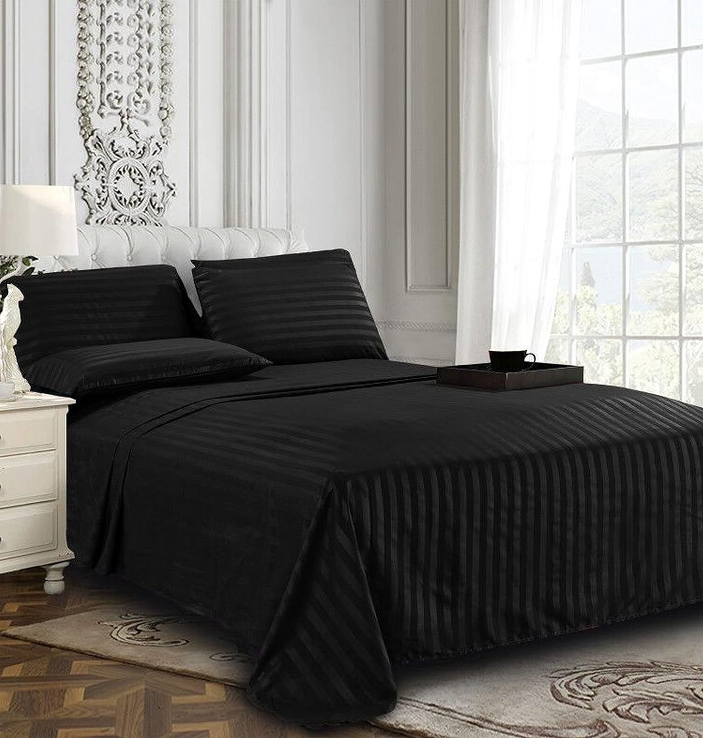 Elegant Comfort Best, Softest, Coziest 6-Piece Sheet Sets! - 1500 Premier Hotel Quality Luxurious Wrinkle Resistant 6-Piece Damask Stripe Bed Sheet Set, Queen Black - Image 3