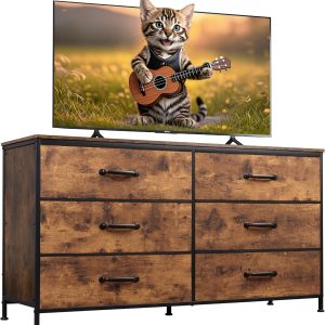 WLIVE 6 Drawer Dresser for Bedroom Large, Fabric Wide Dresser TV Stand for 50, 55, 60 inch TV, Big Long Chest of Drawers with Deep Drawer for Closet, Bedroom, Living Room, Hallway, Rustic Brown