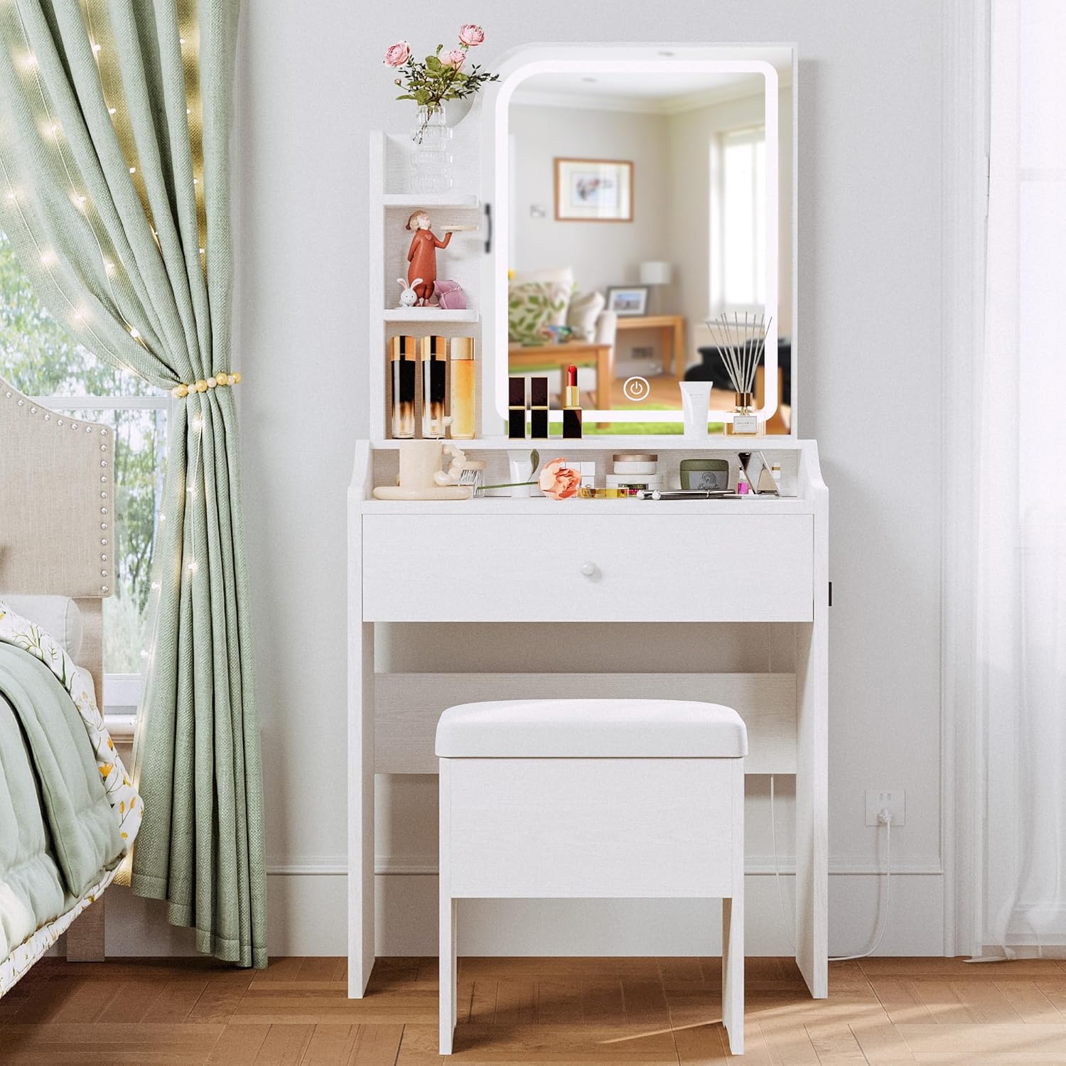 LIKIMIO Small Makeup Vanity Desk with Mirror and Lights, Vanity Table Set with Storage Drawer, Chair and Three Shelves, Bedroom, White - Image 9