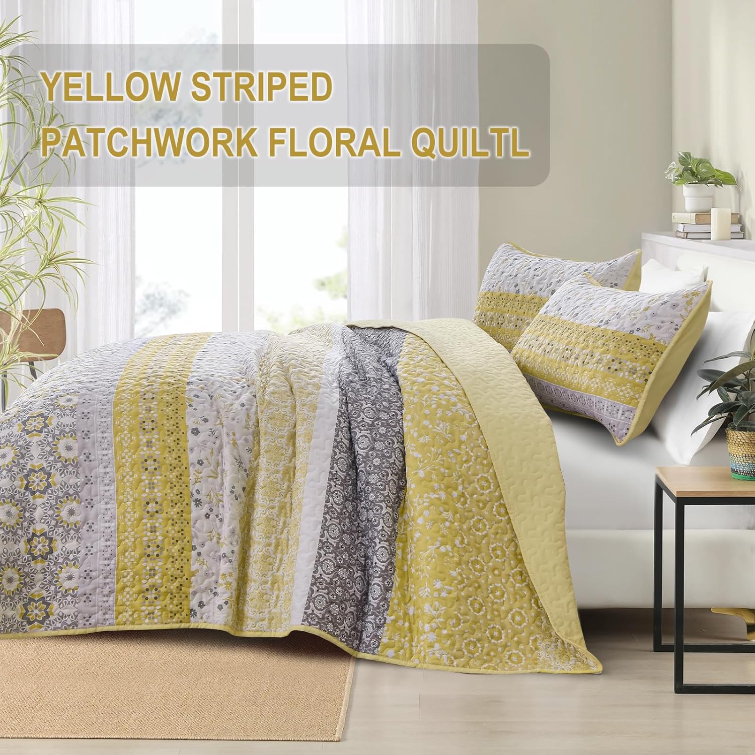 WONGS BEDDING Boho Quilt Set Queen, Yellow Bohemian Striped Patchwork Bedspread Coverlet Set with 2 Pillowcases,Lightweight Microfiber Floral Bedding Set 96"×90" - Image 3