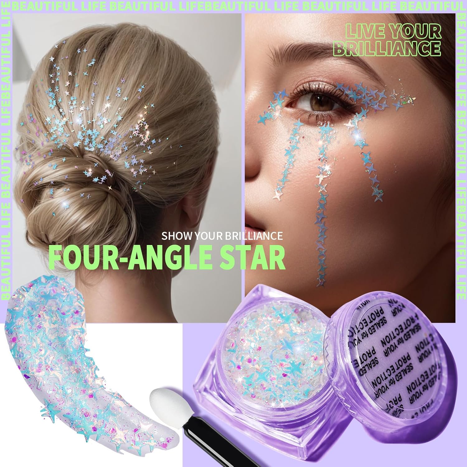 Teenitor Face Glitter Body Glitter, Clear White Body Glitter Gel, Hair Glitter Gel, 6 Shapes Rave Glitter, Mermaid Sequins Makeup Glitters Face Paint, Chunky Sparkling Glitter Gel for Women - Image 2