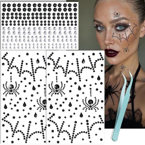 NOOEPC 3D Spider Web Face Gems, Halloween Makeup Face Jewels for Women, Hair Gems Clear Face Rhinestones, Halloween Makeup for Women Face Stickers Spider Costume