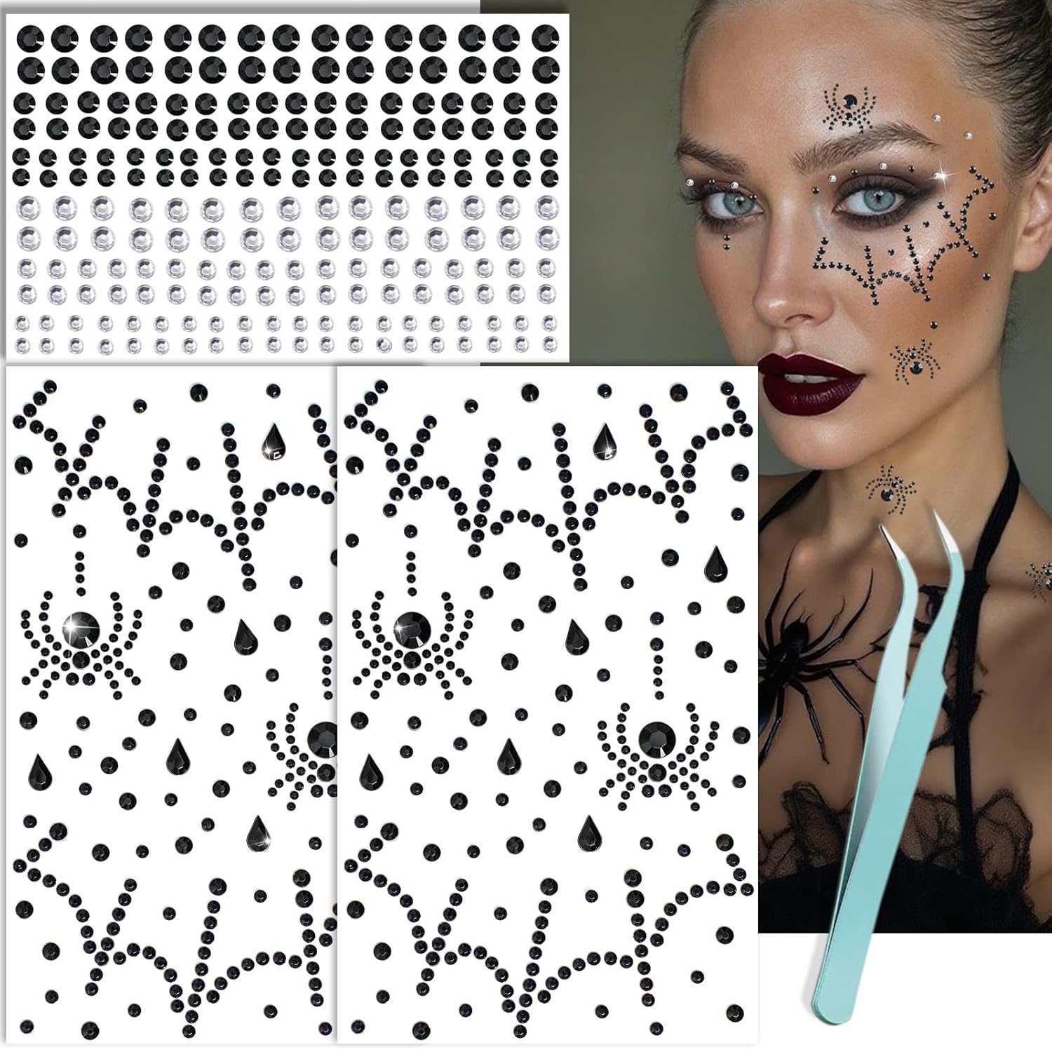 NOOEPC 3D Spider Web Face Gems, Halloween Makeup Face Jewels for Women, Hair Gems Clear Face Rhinestones, Halloween Makeup for Women Face Stickers Spider Costume