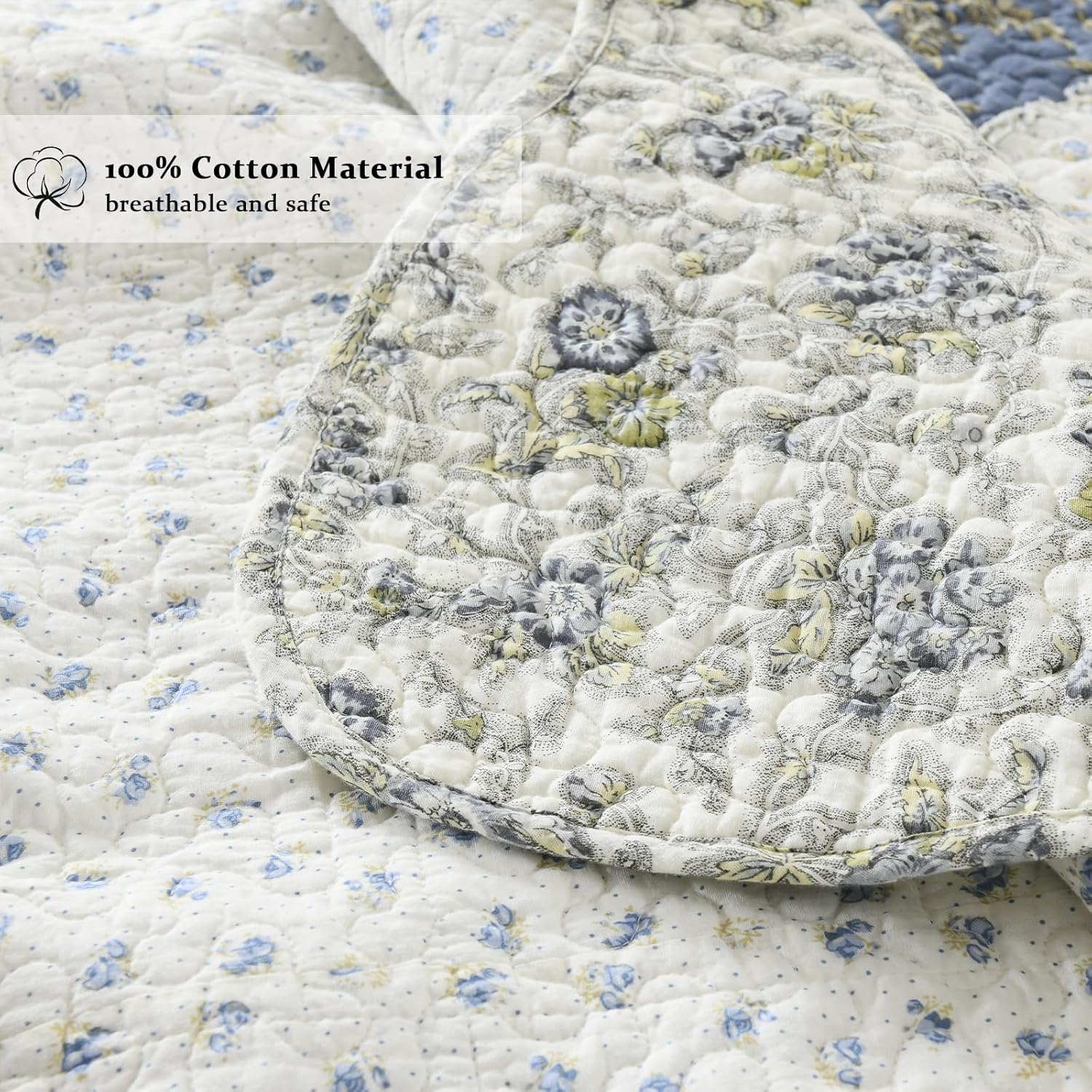 Yvooxny Quilt Set King Size Reversible Country Farmhouse Floral Real Patchwork Quilted Bedspread 3-Piece Quilt Set with Pillowcases with Ruffles for All Seasons, 96 x 108 Inches - Image 4