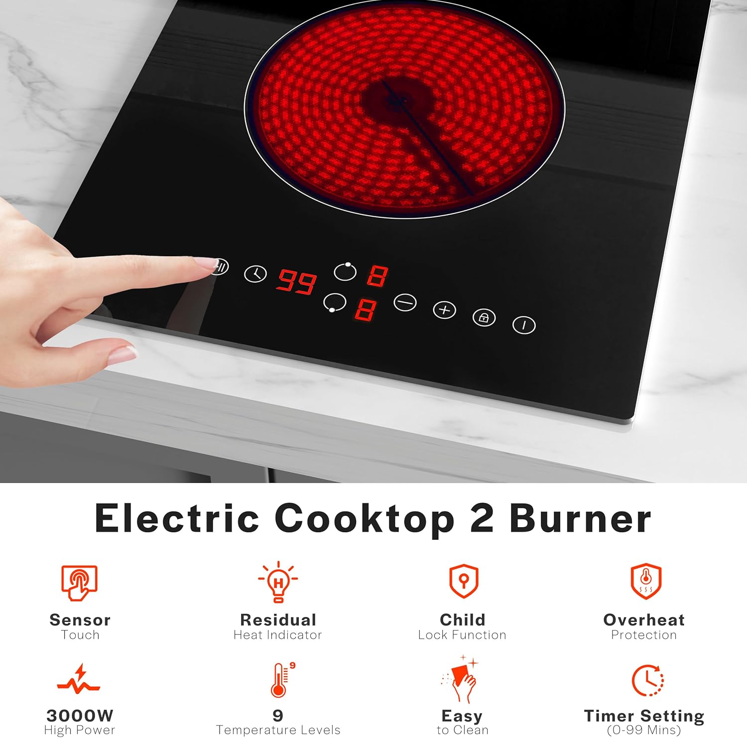 Empava 12 Inch Built-in Electric Cooktop with 2 Burners, Touch Control, Individual Timers, Stop & Go, Child Lock, Flush Mount Design, ETL Certified, 1200W & 1800W Zones, Hard Wired(No Plug) - Image 3