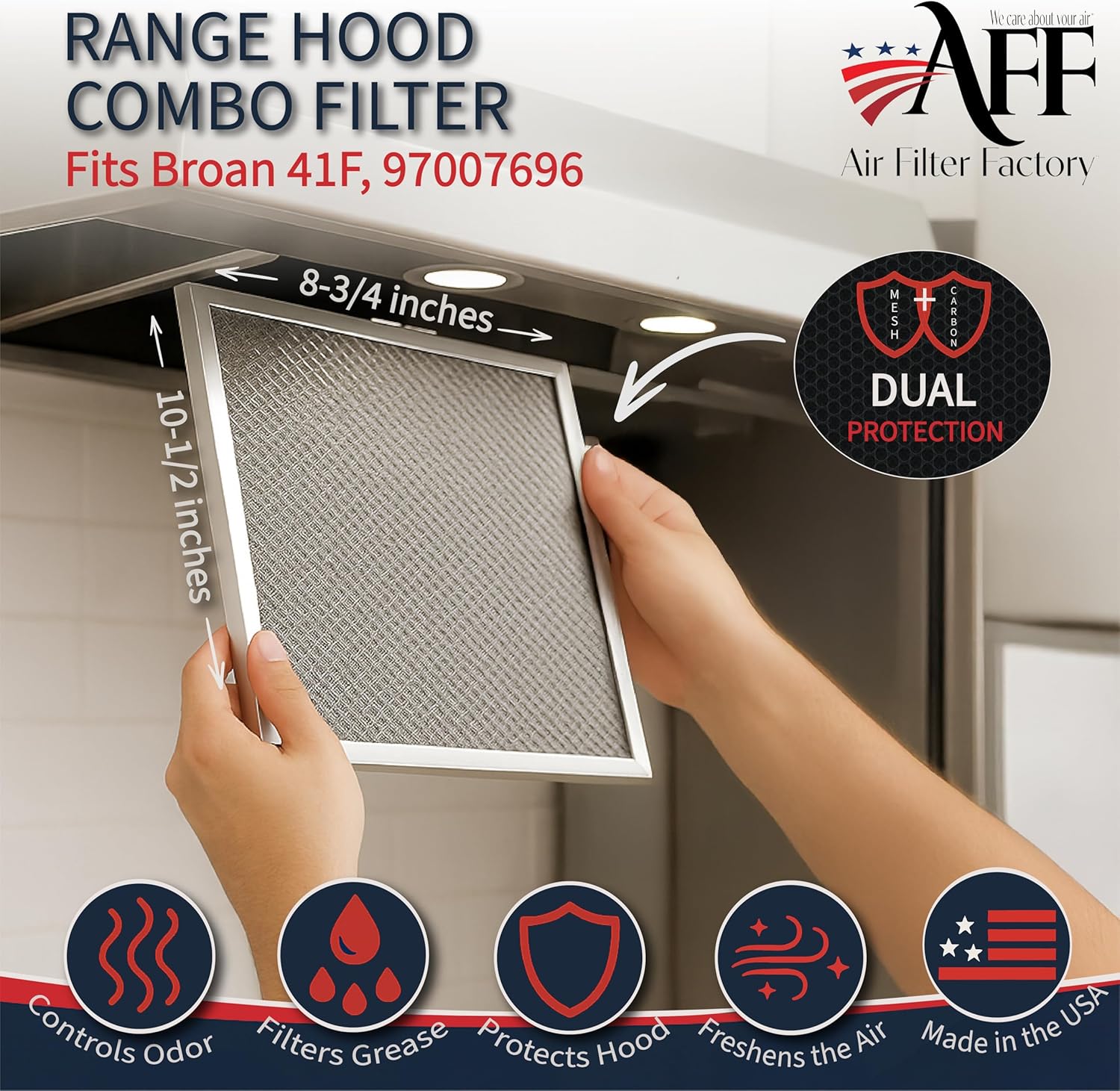 Air Filter Factory Replacement For 41F, 97007696, 97005687 Broan Nutone Range Hood Grease Mesh Charcoal Carbon Combo - Filter Size 8.75 x 10.5 x .44 Inches - Image 3