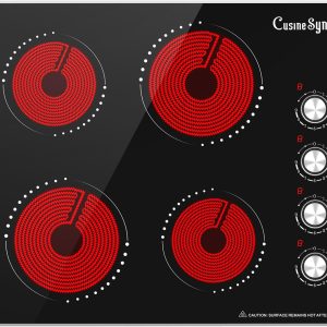 24 Inch Electric Cooktop, 4 Burner Ceramic Stove with 9 Power Levels, Knob Control, Auto shutdown and Residual Heat Warning, 6000W, 220-240V for Hard Wire